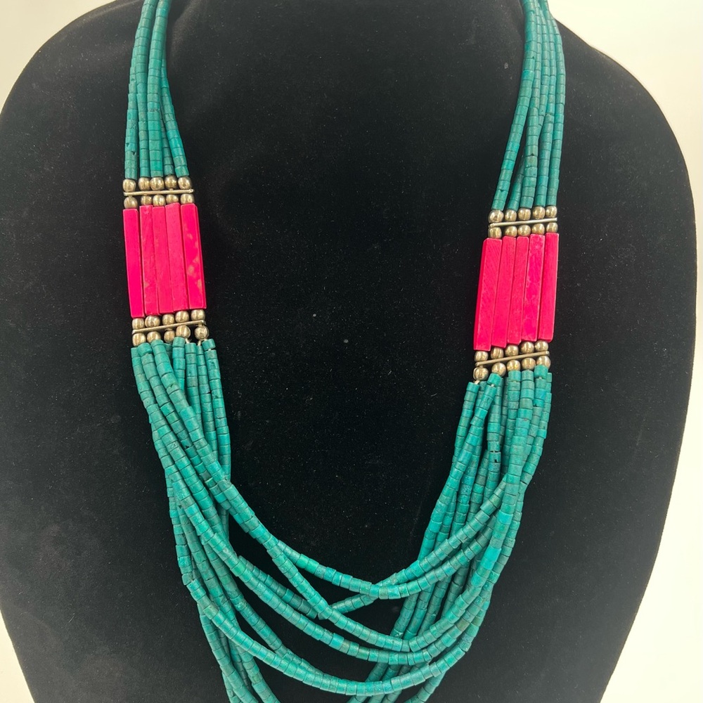 Vintage Multi Strand Turquoise Wooden Bead & Pink Bone Necklace 26” Long